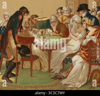 La Bouillotte, 1798. Gioco di carte d'azzardo francese del XVIII secolo, basato su Brelan, un gioco molto popolare in Francia durante il XIX secolo. Illustrazione dopo Jean Francois Bosio (1764-1827). Litografia di Gaulard. Cromolitografia. Dettagli. Directoire, Consolato et Empire. Moeurs et usages, lettres, Sciences et Arts Francia, 1795-1815” (Direttorio, Consolato e Impero di Francia. Costumi e tradizioni, lettere, scienze e arti Francia, 1795-1815), di Paul Lacroix. Pubblicato a Parigi, 1884. Foto Stock