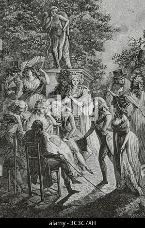 Germaine de Staël (Anne Louise Germaine de Staël-Holstein) (1766-1817), nota come Madame de Staël. Filosofo franco-svizzero, donna di lettere e teorico politico. Intervento di Madame de Staël rivolto al suo gruppo Coppet. Incisione di Huyot dopo Philibert-Louis Debucourt (1755-1832), 1800 circa. Directoire, Consolato et Empire. Moeurs et usages, lettres, Sciences et Arts Francia, 1795-1815” (Direttorio, Consolato e Impero di Francia. Costumi e tradizioni, lettere, scienze e arti Francia, 1795-1815), di Paul Lacroix. Pubblicato a Parigi, 1884. Foto Stock