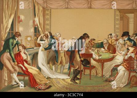 La Bouillotte, 1798. Gioco di carte d'azzardo francese del XVIII secolo, basato su Brelan, un gioco molto popolare in Francia durante il XIX secolo. Illustrazione dopo Jean Francois Bosio (1764-1827). Litografia di Gaulard. Cromolitografia. Directoire, Consolato et Empire. Moeurs et usages, lettres, Sciences et Arts Francia, 1795-1815” (Direttorio, Consolato e Impero di Francia. Costumi e tradizioni, lettere, scienze e arti Francia, 1795-1815), di Paul Lacroix. Pubblicato a Parigi, 1884. Foto Stock