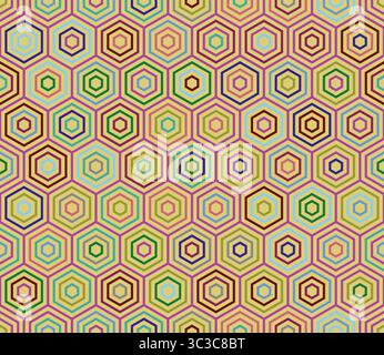 Sfondo esagonale ribaltabile. Semplice modello di esagoni impilati. Celle a nido d'ape. Tavolozza colori a più toni. Motivo senza cuciture. Illustrazione Vettoriale