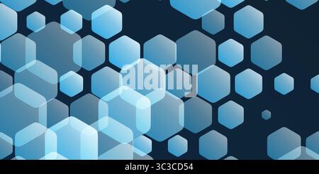 Molti esagoni trasparenti blu su sfondo scuro. Un design geometrico che crea un look moderno e astratto, perfetto per sfondi e arte digitale Illustrazione Vettoriale