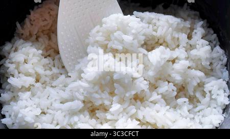 Primo piano, soffice riso bianco giapponese cucinato sul mestolo bianco, delizioso riso caldo a vapore, industria alimentare, attività alimentari, pasti caldi in stile asiatico Foto Stock