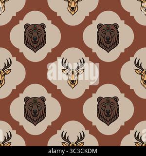 Motivo vettoriale senza cuciture con teste di orso e cervo stilizzate, adornate da mistico terzo occhio, poste contro una ripetizione di terracotta e beige ba geometrica Illustrazione Vettoriale