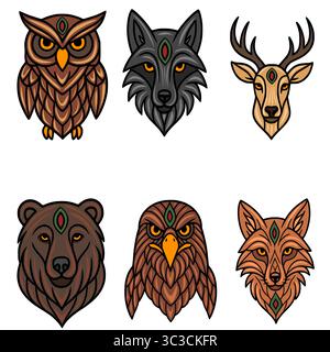 Set di sei illustrazioni vettoriali con teste di animali stilizzate: gufo, lupo, cervo, orso, aquila, e volpe, ognuna decorata con un terzo occhio geometrico unico Illustrazione Vettoriale
