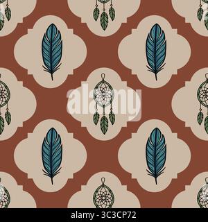 Motivo vettoriale senza cuciture con piume d'acqua e sognatori in una tavolozza di colori in terracotta e beige, caratterizzato da un esclusivo elemento di design a lamina quatrefoil. Illustrazione Vettoriale