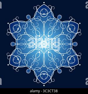 Elegante mandala bianco/blu su sfondo blu scuro. Elemento di design decorativo per un'atmosfera invernale. Fiocco di neve bianco natalizio con sei travi. Illustrazione Vettoriale