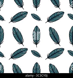 Motivo vettoriale senza cuciture di piume d'uccello stilizzate color verde acqua e verde scuro su sfondo bianco, ideale per il design tessile o per progetti a tema estivo. Illustrazione Vettoriale