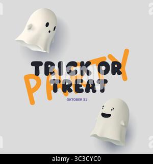 Trucca o delizia il poster di Halloween con fantasmi 3D e divertenti lettere in grassetto. Composizione divertente su sfondo chiaro. Perfetto per inviti a feste, eventi per bambini Illustrazione Vettoriale