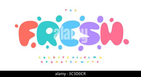 Carattere bolla colorato, lettere arrotondate lussureggianti, dolce alfabeto zingy, divertente carattere cartoni animati, succosa tipografia di branding dei bambini, design tipografico paffuto Illustrazione Vettoriale