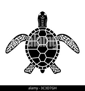 Silhouette di tartaruga marina. Un guscio stilizzato con segmenti geometrici, mentre le pinne e la testa sono decorate con intricati motivi tribali o astratti. Illustrazione Vettoriale