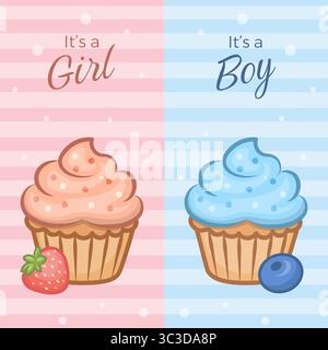 Graziosa illustrazione vettoriale di due cupcake per la festa di rivelazione di genere. Cupcake rosa con fragola per ragazza e cupcake blu con mirtillo per ragazzo. Illustrazione Vettoriale