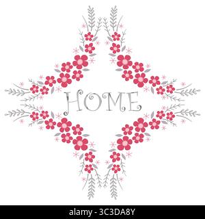 Cornice di fiori. Illustrazione vettoriale con ornamento floreale quadrato grigio rosso. Decorazioni tradizionali in stile floreale. Design di ghirlande floreali per decorazione stampata Illustrazione Vettoriale