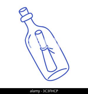 Bottiglia di vetro con rotolo di carta legato con il filo. Contorno traccia modificabile vettoriale. Illustrazione icona minimalista. Illustrazione Vettoriale