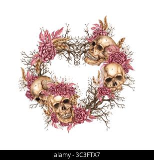 Corona floreale scura a forma di cuore con teschi, rami secchi, rose, piume e foglie. Composizione ad acquerello disegnata a mano. Isolato dallo sfondo. Foto Stock