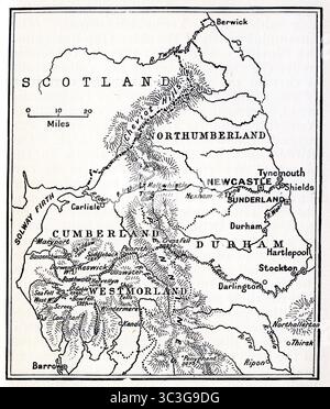Mappa del nord dell'Inghilterra nei primi anni '1900, dal libro Through the North Country di H. Russell Ford, pubblicato da Humphrey Milford nel 1931 come un volume in una serie di lettori di Herbert Strang Foto Stock