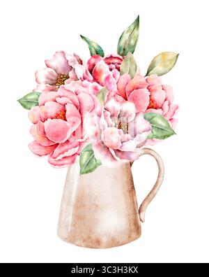 Illustrazione ad acquerello dipinto a mano di un vaso beige rustico con peonie rosa fiorenti e foglie verdi. Creato con amore da un artista professionista Foto Stock