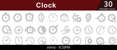 Icone di linea modificabili dell'orologio impostate per la gestione di ora, programmazione, timer e orologio Illustrazione Vettoriale