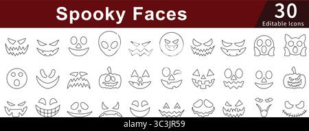 Le icone della linea modificabili dei volti spettrali sono ambientate per Halloween, Horror, mostro e personaggi spaventosi Illustrazione Vettoriale