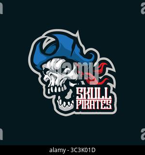 Design con logo della mascotte teschio e stile moderno per la stampa di badge, emblemi e t shirt. Illustrazione dei pirati del cranio. Illustrazione Vettoriale