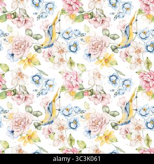 Watercolor seamless pattern with yellow and blue birds among pastel flowers and greenery. Hand painted and perfect for fabric printing, packaging, or Foto Stock