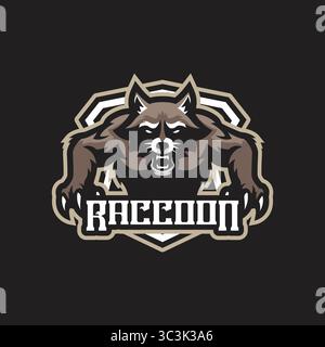 Design vettoriale con logo della mascotte Raccoon con moderno stile di illustrazione per la stampa di badge, emblemi e t shirt. Illustrazione di procione arrabbiato per lo sport Illustrazione Vettoriale