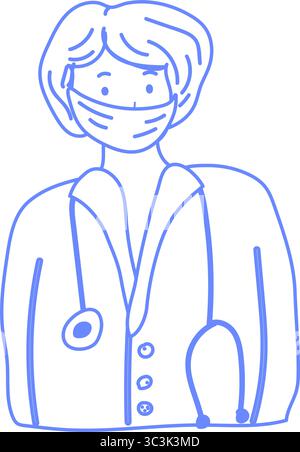 Disegnato a mano blu contorno femminile medico carattere in maschera medica. Per di assistenza sanitaria, personale medico, operaio ospedaliero e infermiere o fisica professionale Illustrazione Vettoriale