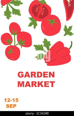 Poster del mercato del giardino con illustrazione di pomodori freschi e peperoni. Poster verticale minimalista con verdure fresche. Concetto di prodotti agricoli, sani Illustrazione Vettoriale