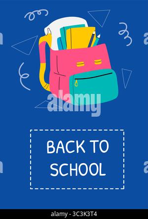 Zaino colorato con materiale scolastico su sfondo blu per tornare a scuola. Elegante poster scolastico in stile minimal con zaino e libro Illustrazione Vettoriale