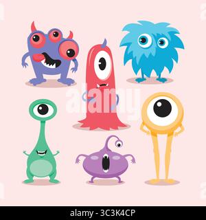 Design di una mascotte mostruosa. Pacchetto vettoriale mostro. Illustrazione Vettoriale