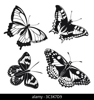 Elegante collezione di silhouette a farfalla in bianco e nero che mostrano intricati motivi alari e forme naturali, ideale per ispirare il design, le arti, Illustrazione Vettoriale