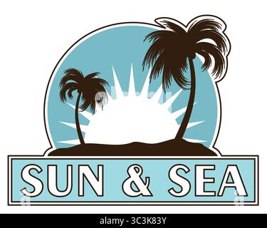 logo dell'alba il sole nel mare con le palme. Illustrazione Vettoriale