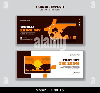 Modello banner orizzontale per la giornata mondiale del rinoceronte in stile cartone animato piatto Illustrazione Vettoriale