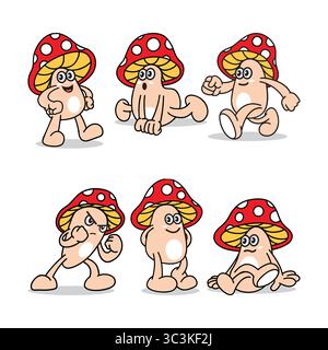 Design della mascotte a funghi. Simpatico pacchetto di funghi vettoriali. Illustrazione Vettoriale