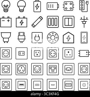 Set di icone elettricità. Set di progettazione icona linea elettrica Illustrazione Vettoriale