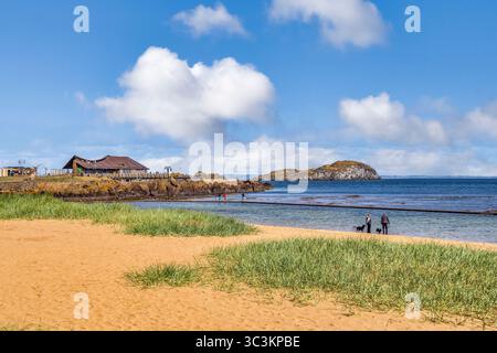 Berwick settentrionale, Lothian orientale, Scozia. La spiaggia è North Berwick Cove, sul promontorio si trova lo Scottish Seabird Centre, l'isola è Craigleith. Foto Stock