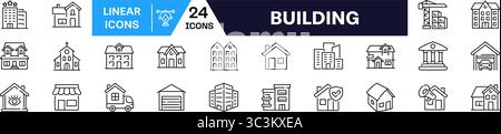 Set di icone edificio. Stile lineare. Illustrazione Vettoriale