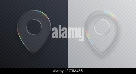 Due icone di posizione moderne, simboli GPS in vetro liquido, liscio e trasparente, su sfondo chiaro e scuro. Illustrazione vettoriale 3D. Illustrazione Vettoriale