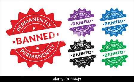 Set di illustrazioni vettoriali di timbri in gomma permanentemente vietato, design di insegne rotonde vietate. Simbolo etichetta bandita in modo permanente icone timbro Illustrazione Vettoriale