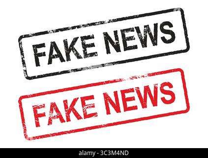 Notizie false. Timbro rosso e nero Fake News su sfondo bianco, che simboleggia la disinformazione o i falsi rapporti. Grunge NOTIZIE FALSE Stamp Vector icona. Illustrazione Vettoriale