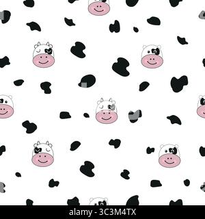 Cute mucca Moo Face sfondo bianco e nero senza cuciture per un design tessile Illustrazione Vettoriale