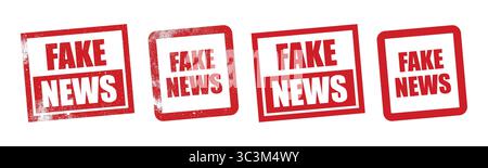 Falsi timbro di gomma rosso. Set di FRANCOBOLLI Square FAKE NEWS Vector con cornici rosse audaci e texture Grunge Illustrazione Vettoriale