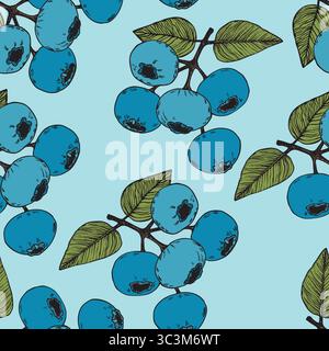 Motivo senza cuciture con mirtillo. Mirtilli freschi e saporiti. Illustrazione vettoriale per sfondo, imballaggio, tessuto, tessuto e vari Illustrazione Vettoriale