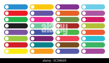 Modello di design piatto dei pulsanti Web. Pulsante di commutazione, elemento UI, vettoriale colorato, impostato per la progettazione di interfacce e app. Set di pulsanti colorati Illustrazione Vettoriale