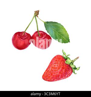 Ciliegie e fragole, illustrazione ad acquerello, disegnata a mano, isolata su sfondo bianco. Adatto per la progettazione, la stampa. Foto Stock
