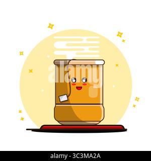 Carino cartone animato da tazza da tè con Happy Face e illustrazione vettoriale Steam Kawaii Design piatto Illustrazione Vettoriale