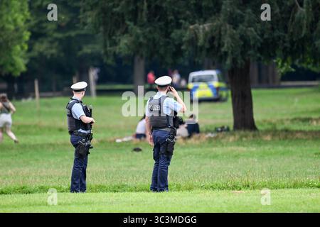 Karlsruhe, Germania. 26 luglio 2025. Gli agenti di polizia sono schierati nel giardino del castello. Tre uomini sparavano a bottiglie con una pistola - e quindi chiamavano agenti di polizia armati. Tuttavia, nessuno è stato messo in pericolo durante la "pratica bersaglio”. Crediti: Marius Bulling/onw-images/dpa/Alamy Live News Foto Stock