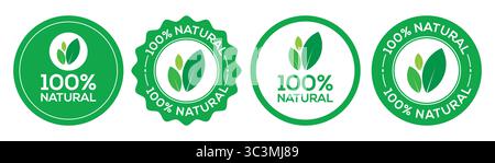 vettore del logo del timbro organico del prodotto al 100% naturale. Etichette verdi naturali al 100% con icone a foglia distintivi vettoriali per prodotti ecologici biologici Illustrazione Vettoriale