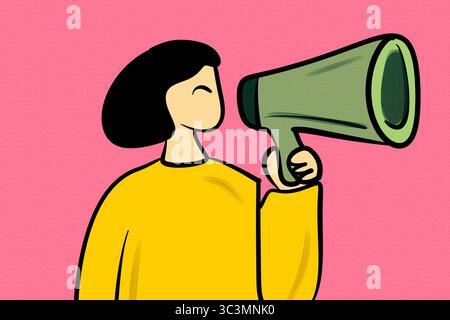 Illustrazione di una donna che tiene in mano un megafono, che mescola stile di vita ed espressione in modo giocoso, con colori dominanti rosa e giallo che creano una vibra Foto Stock