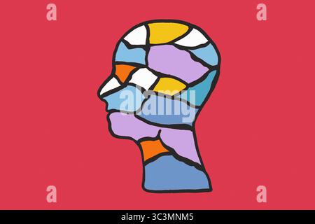 Abstract silhouette of a head filled with colorful geometric shapes, symbolizing the complexity and diversity of mental health. Set against a vibrant Foto Stock