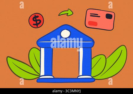 Illustrazione che mostra un edificio di una banca blu, una carta di credito rosa e un cerchio rosso del dollaro, su sfondo marrone con foglie verdi che simboleggiano F. Foto Stock
